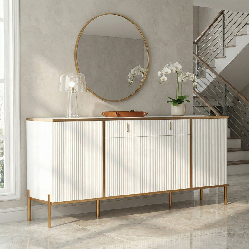 60" Modern Fluted Sideboard Buffet Cabinet with Gold Accents, White Storage Cabinet for Living Room, White