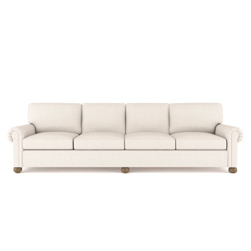 Leroy Rolled Panel-Arm Extra Long Sofa with Bun Feet, Box Weave Linen Blue Print, Weathered, 36" H x 120" W x 43" D