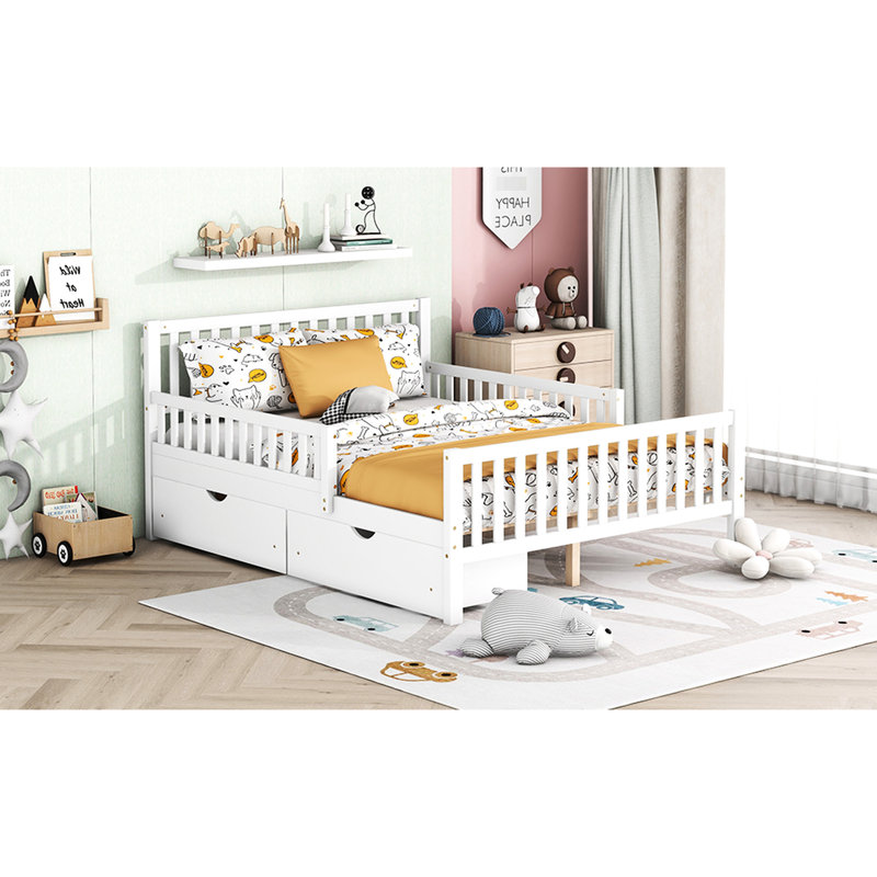 Lit double en bois blanc avec garde-corps et solutions de rangement intelligentes, plateforme classique à deux tiroirs pour une chambre à coucher élégante