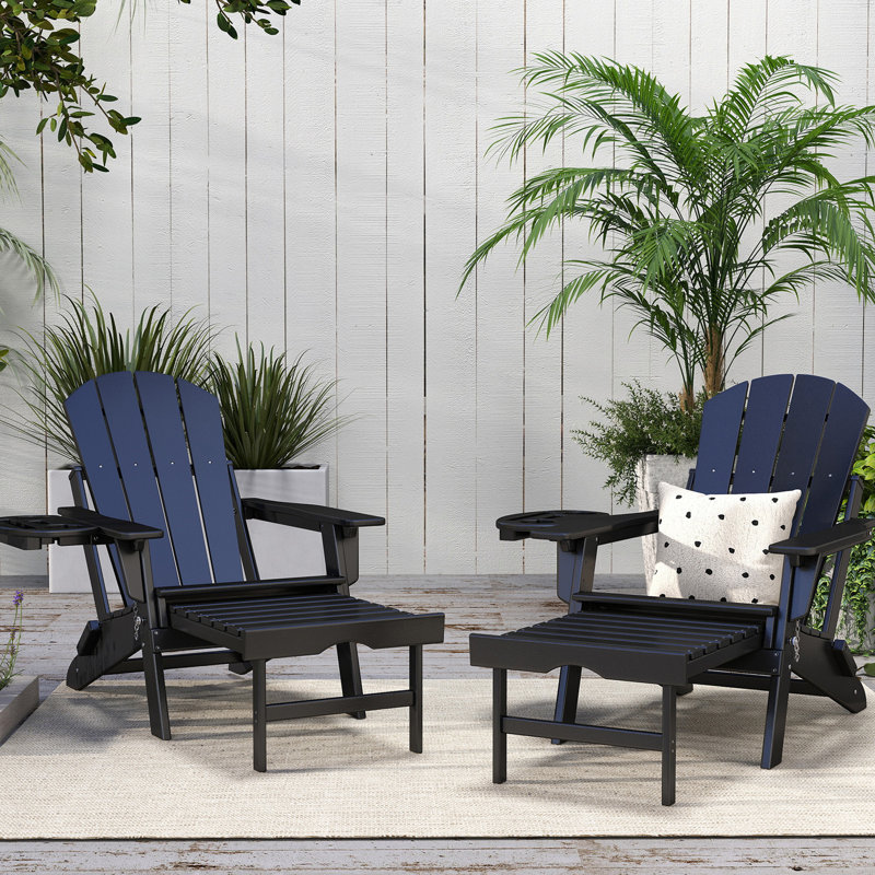HDPE Folding And Adjustable Adirondack Chair With Ottoman, Black
