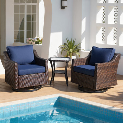 Patio Furniture Set 3 Pieces Luxury Outdoor Bistro with Swivel Rocker Chairs and Side Table, Easy Assembly Conversation Set for Porch Deck Balcony Yard in Brown Wicker and Blue Cushions