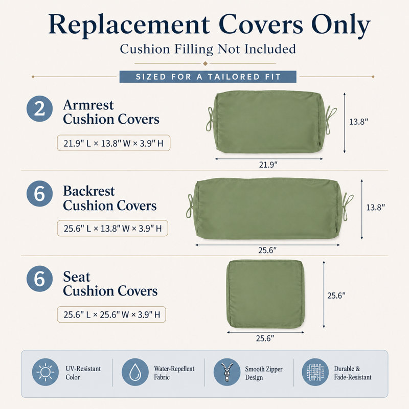 14-Piece Green Outdoor Cushion Cover Set for 7-Piece Wicker Rattan Sectional Sofa, Green