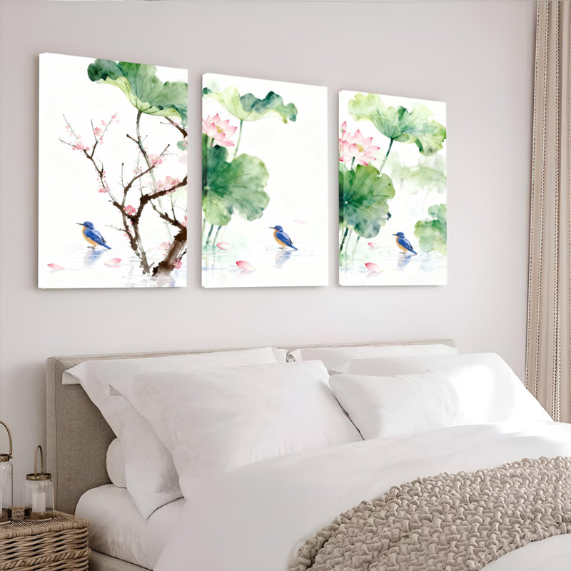 Watercolor Lotus and Cherry Blossom with Birds Canvas Wrapped Wall Art, Oriental Style Print (Set of 3), 24" H x 48" W