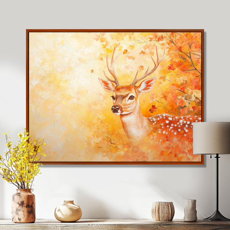 Cerf dans un feuillage d'automne - art mural cerf, H 12 po x l 20 po, Impression dans un cadre flottant sans passe-parto
