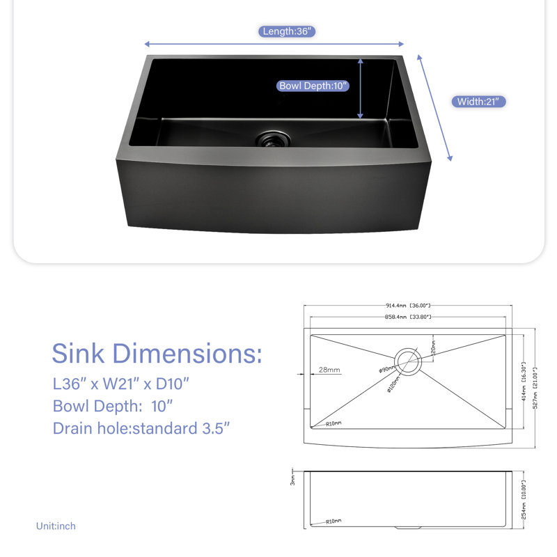 36'' L Single Bowl Stainless Steel Kitchen Sink, 10'' H x 21'' W x 36'' L