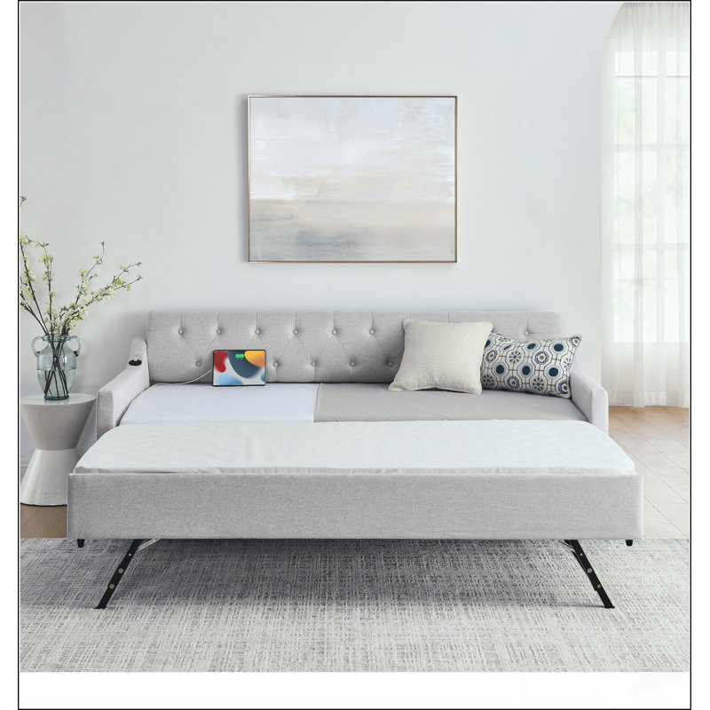 Lit de jour rembourré avec lit gigogne simple, charge USB et élégance Mid-Century pour la vie moderne, Beige