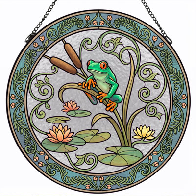 Frog Lily Stained Glass Window Panel，7.8H