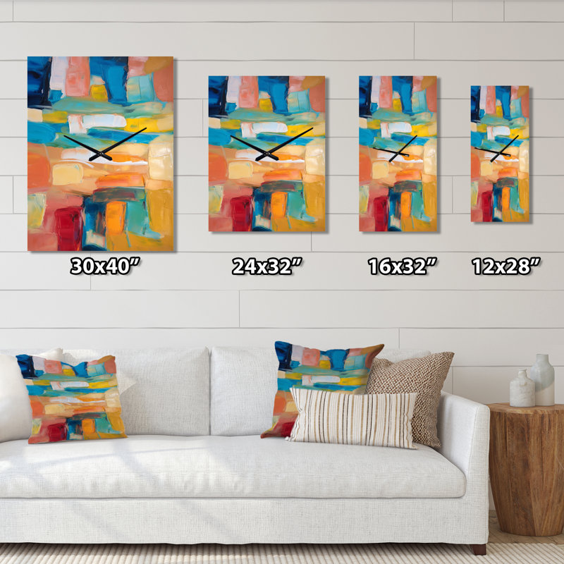 Vibrant cubiste Colourfields - Collages abstraites très grandes horloges murales, H 28 po x l 12 po x P 1 po