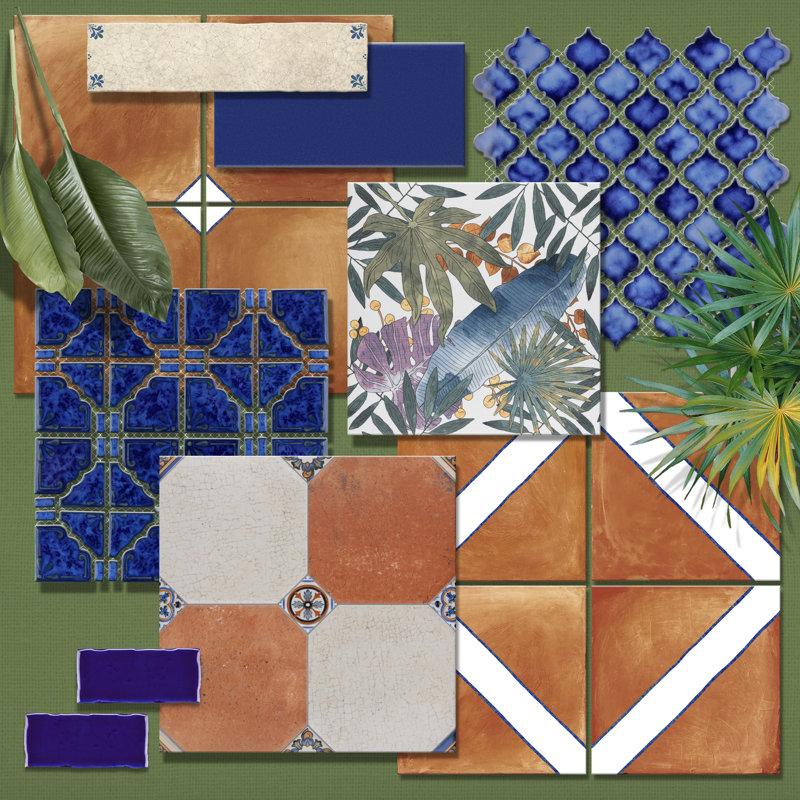 Sentier 8" x 8" Porcelain Wall & Floor Tile, Brown/White/Blue