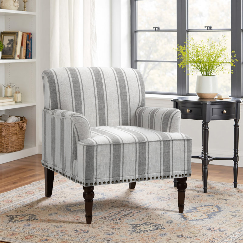 Iliana Upholstered Gray Stripe Cotton Blend Armchair with Solid Wood Legs and Nailhead Trim, Gray Stripe Linen Blend