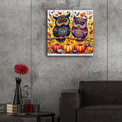 Art mural en verre acrylique 24 po x 24 po «Two Owls Fall Thème 2» par Rey Klimt