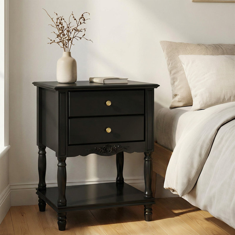 2 - Drawer Nightstand in Black, Black