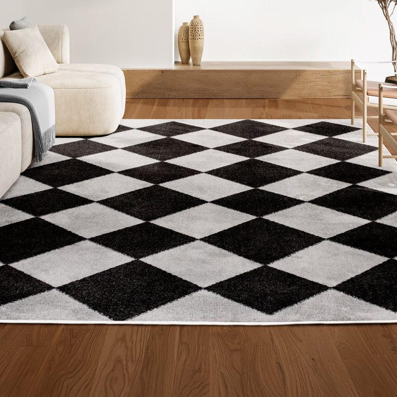 Utgard Classic Geometric Diamond Pattern White/Charcoal Rug, Rectangle 2'11" x 5'