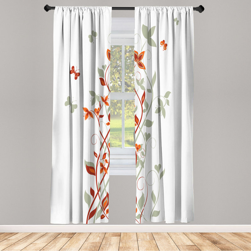 Microfiber Floral Semi-Sheer Rod Pocket Curtain Panels, 28" W x 84" L, Red/Gray/White