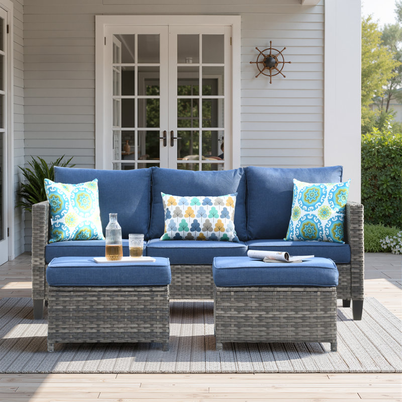 Canapé de patio extérieur en osier avec coussins de 76,77 po de large Harbin, Bleu denim