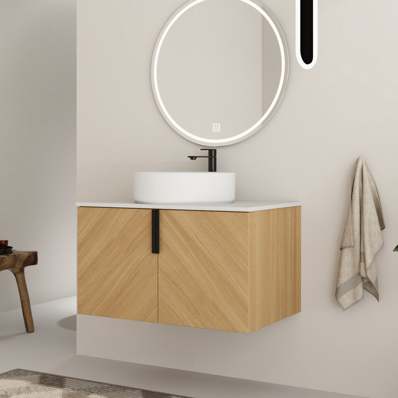Ensemble de meuble-lavabo simple 30 po avec plateau en pierre et lavabo vasque en céramique Caldicot, Blanc, 30"