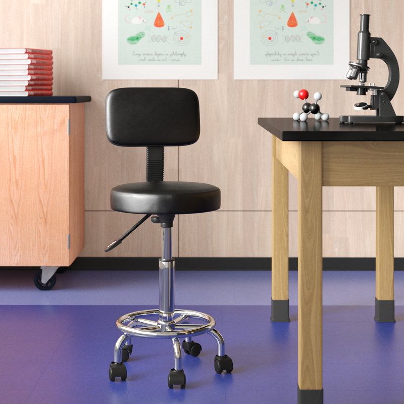 Backed Adjustable Height Ergonomic Lab Stool with Wheels, Black