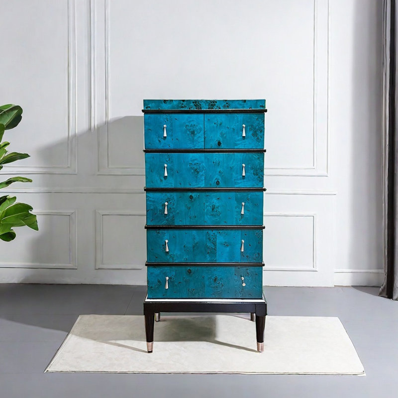 Commode de salon légère et luxueuse à cinq tiroirs, Bleu paon