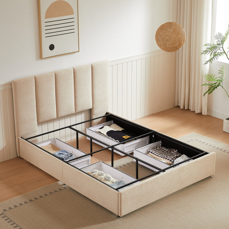 Juanetta Upholstered Platform Storage Bed With 4 Drawers, Beige, Queen