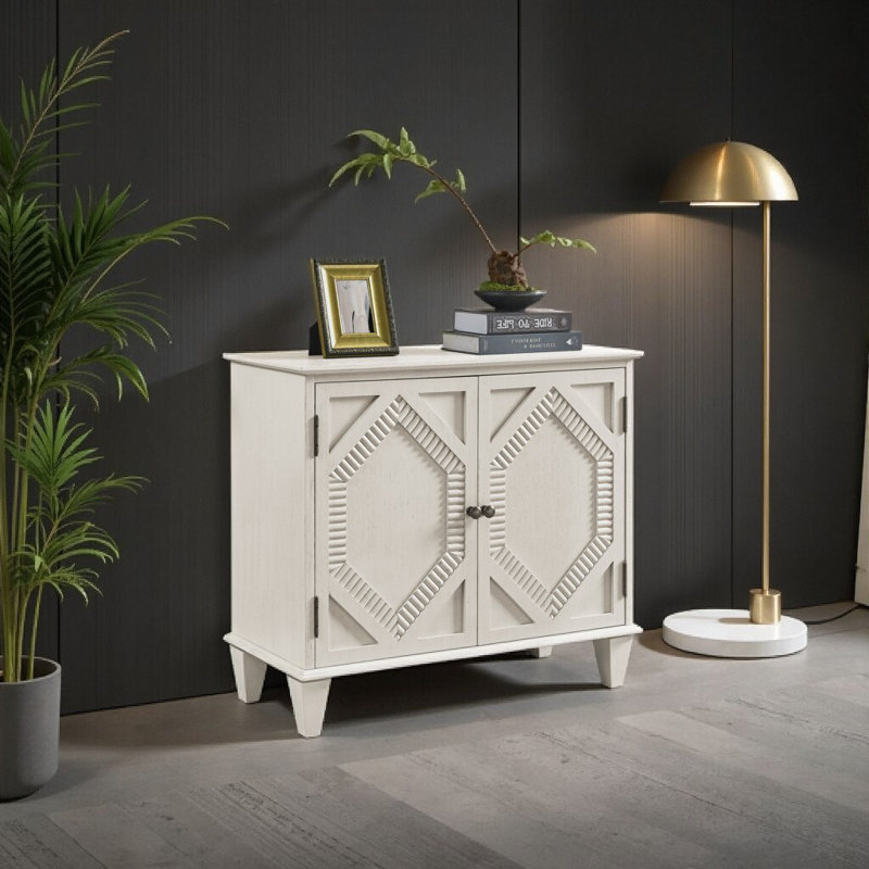 Buffet 33,6 po Mid-Century Modern - Rangement réglable et accents laiton, Blanc