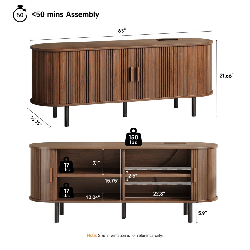 Meuble télé avec rangement et tablettes Jalonda, H 21,7 po x l 63 po x P 15,7 po, Noyer