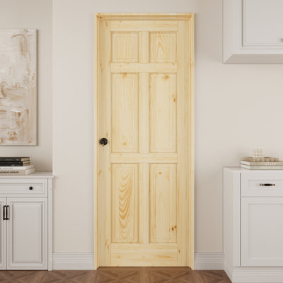 Interior 6‑Panel Pine Wood Door, Colonial Natural Solid Pine Prehung Door, with Jamb Kit, Seal Strip, Right Hand Inswing, Black Hinges & Round Knob, Unfinished & Paintable Door, for Pantry, Bedroom, Bathroom, Closet & Living Room, 36"x 80"