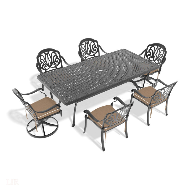 Ensemble de salle à manger toutes saisons en fonte d'aluminium pour le plaisir de l'extérieur, comprenant diverses chaises et une table rectangulaire