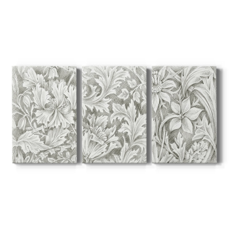 Croquis de motifs floraux I - Toile tendue avec châssis sur mesure - 3 pièces, H 12 po x l 24 po, Impression sans cadre