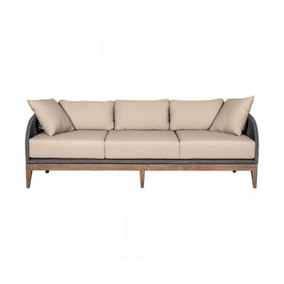 Canapé d'extérieur Orbit en bois d'eucalyptus vieilli avec corde grise et coussins en oléfine taupe
