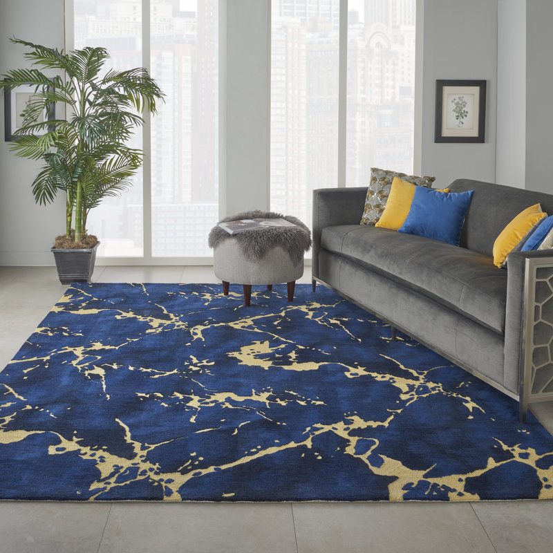 Tapis bleu moderne fait à la main Tegan, Rectangle 8 pi 6 po x 11 pi 6 po