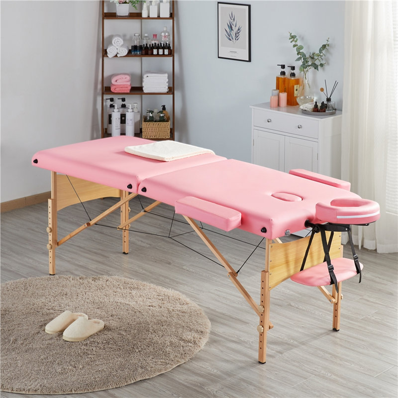Adjustable Massage Bed Portable Spa Table with Headrest, Pink,  84" L x 30.5" W