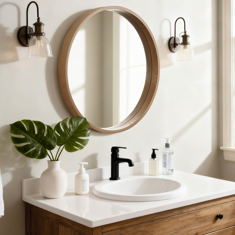 Round Wood Frame Wall Mirror – 2.5-inch Thick Frame, Natural, 28" x 28"
