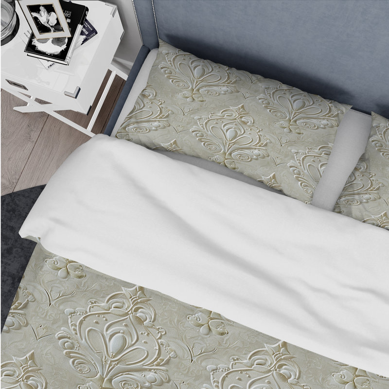 Ivory Damask Oasis - Transitional Duvet Cover Set, King Duvet Cover + 2 King Shams