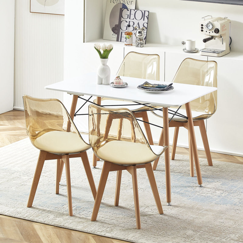 Ensemble de table de salle à manger 5 pièces Modern, table de salle à manger rectangulaire avec 4 chaises en plastique transparent (blanc et ambre transparent)