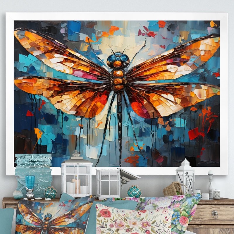«Orange Dragonfly insectes Flight Collage II», reproduction sur toile, H 12 po x l 20 po x P 1 po, Cadre photo blanc