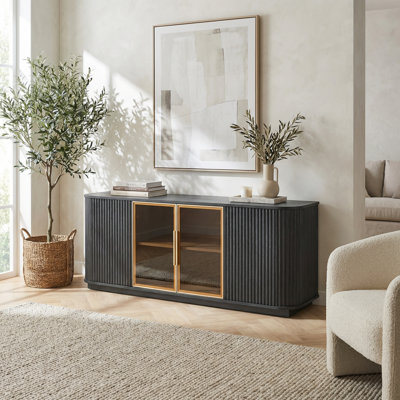 Modern Wave Pattern TV Console with LED Lighting and Press-Open Doors, 64-Inch Wide Storage Cabinet with Tempered Glass and Aluminum Frame for Living Room, Bedroom, or Entryway
