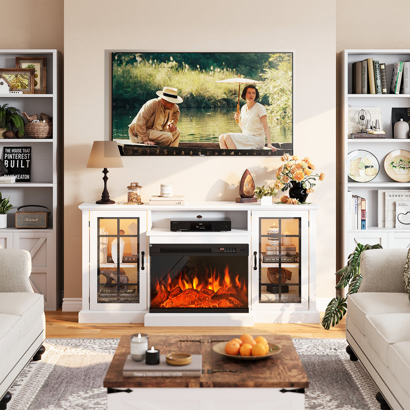 Fireplace Tv Stand With Electric Fireplace, Media Entertainment Center Console Table With Open Storage Shelves And Cabinets