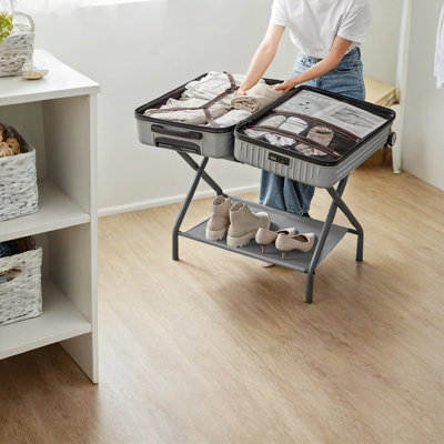 Porte-bagages, ensemble de 2 porte-valises avec tablette en tissu, pour chambre d'amis, chambre à coucher, hôtel, structure en acier pliable