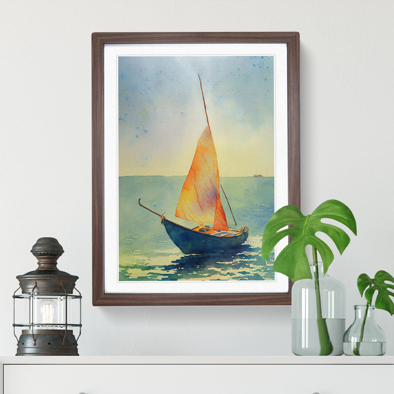 Boat Watercolour - Single Picture Frame Painting, 46cm H x 34cm W x 2cm D, Walnut
