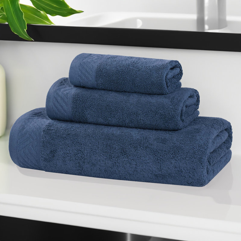 Olender Certified Egyptian Cotton Medium Weight Textured Soft Absorbent Solid 3 Piece Assorted Bathroom Towel Set, Royal Blue