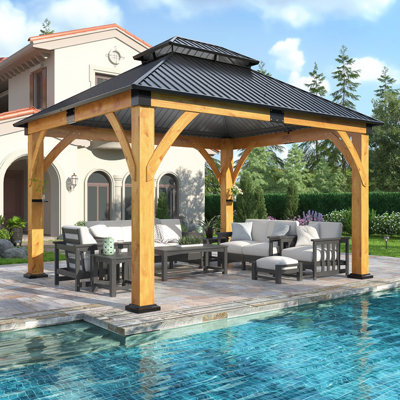 13 FT. W x 11 FT. D Outdoor Spruce Wood Gazebo with Galvanized Steel Double Roof