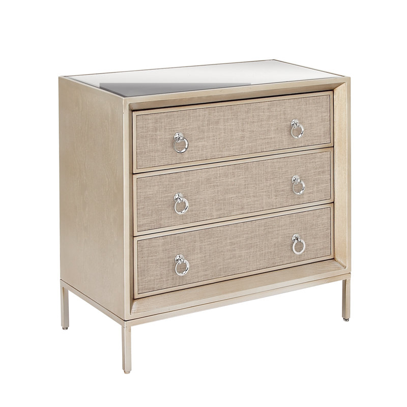 Beige Upholstered 3 Drawer Chest with Mirrored Top and Ring Handles
