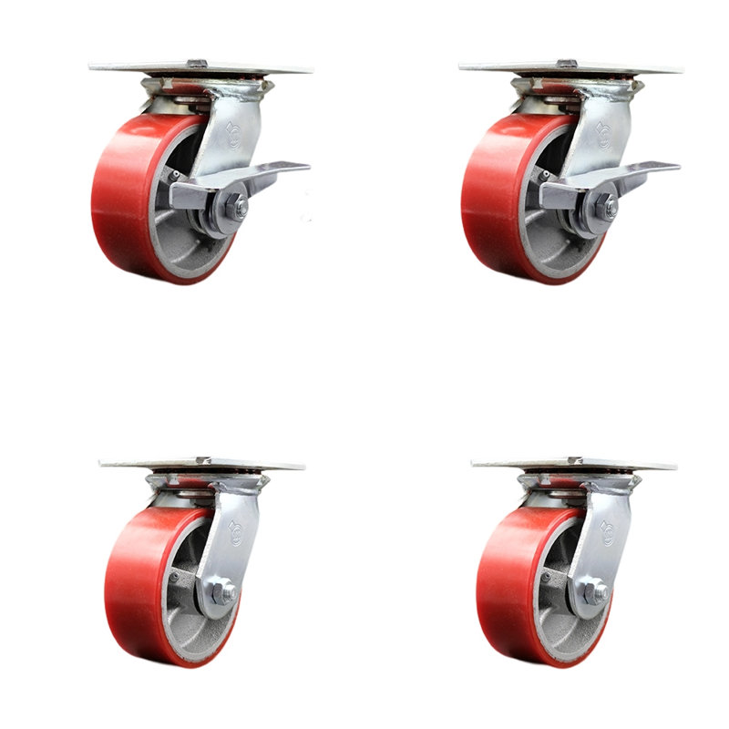 5 Inch Poly on Cast Iron Caster Set with Roller Bearing 4 Swivel Lock 2 Brake