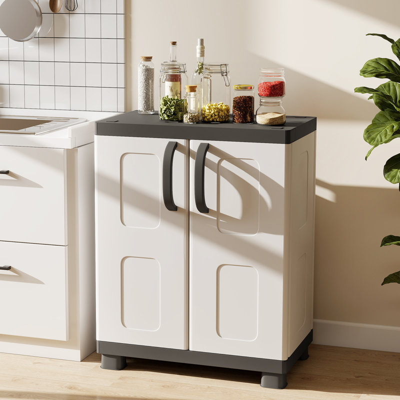 Armoire de rangement, buffet autoportant avec 2 portes et tablettes gris et blanc, Gris / Blanc
