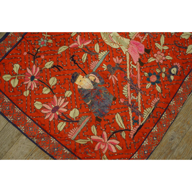 1930s Red Eight Immortals Chinese Silk Pictorial Embroidery 2' x 3' Carpet Rug