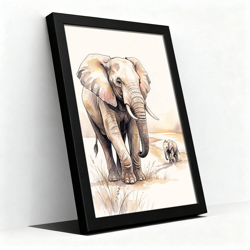 Adulte éléphant et bébé veau en aquarelle beige, art mural sur toile, H 24 po x l 16 po