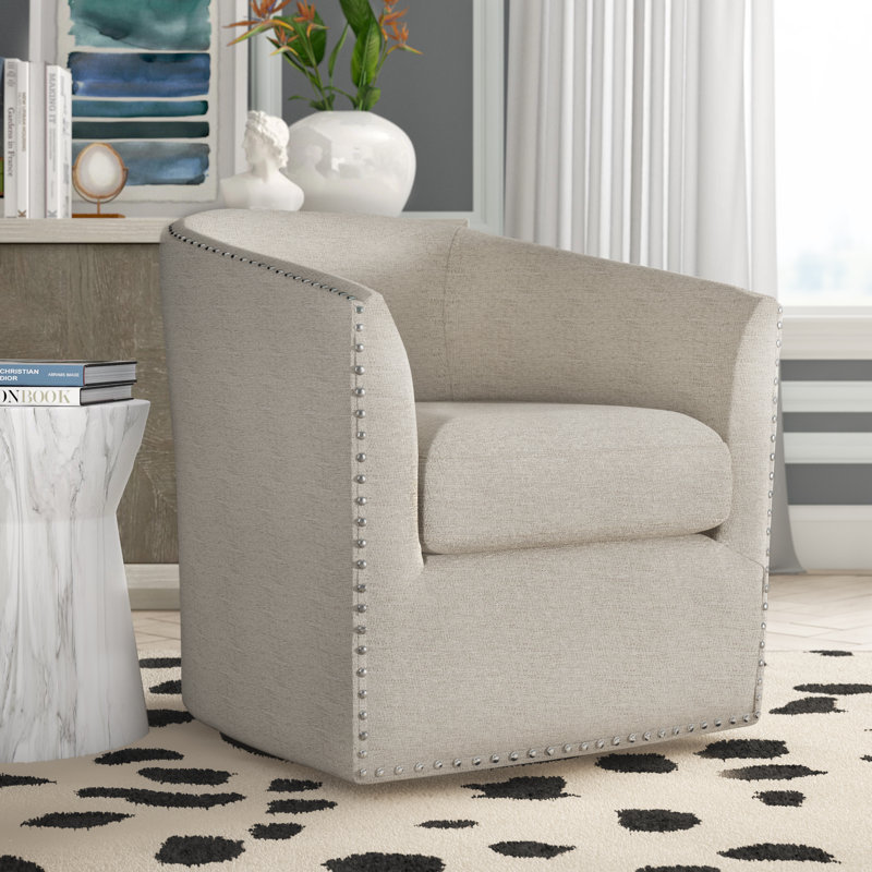 Tyler 360° Swivel Barrel Chair with Nailhead Trim, Natural, Natural Polyester