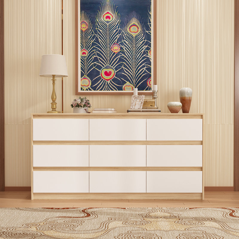 Commode 9 tiroirs, commode en bois 9 tiroirs, Blanc / bois