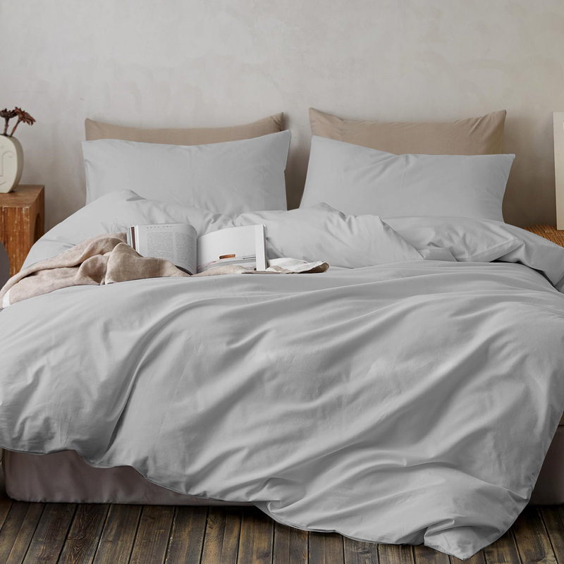 My Home Store Fridi Microfiber Reversible Duvet Cover Set , Double Duvet Cover + 2 Standard Pillowcases, Light Grey