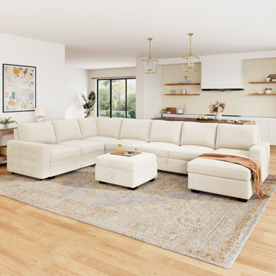 Rundey U-Shaped Oversized Sectional Corduroy Sleeper Sofa With Ottoman
